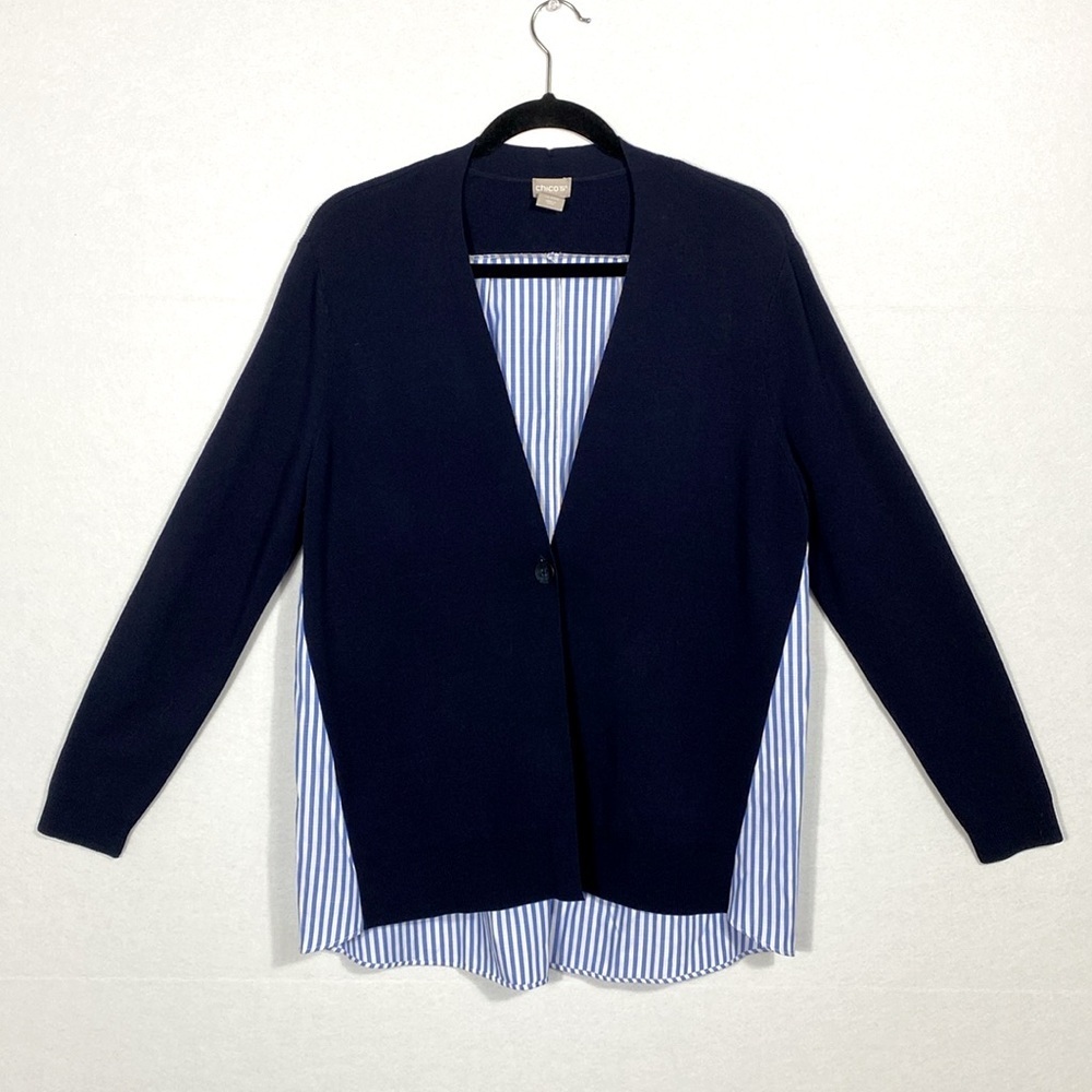 Chico's Deep Blue Women's Cardigan with stripped back size medium